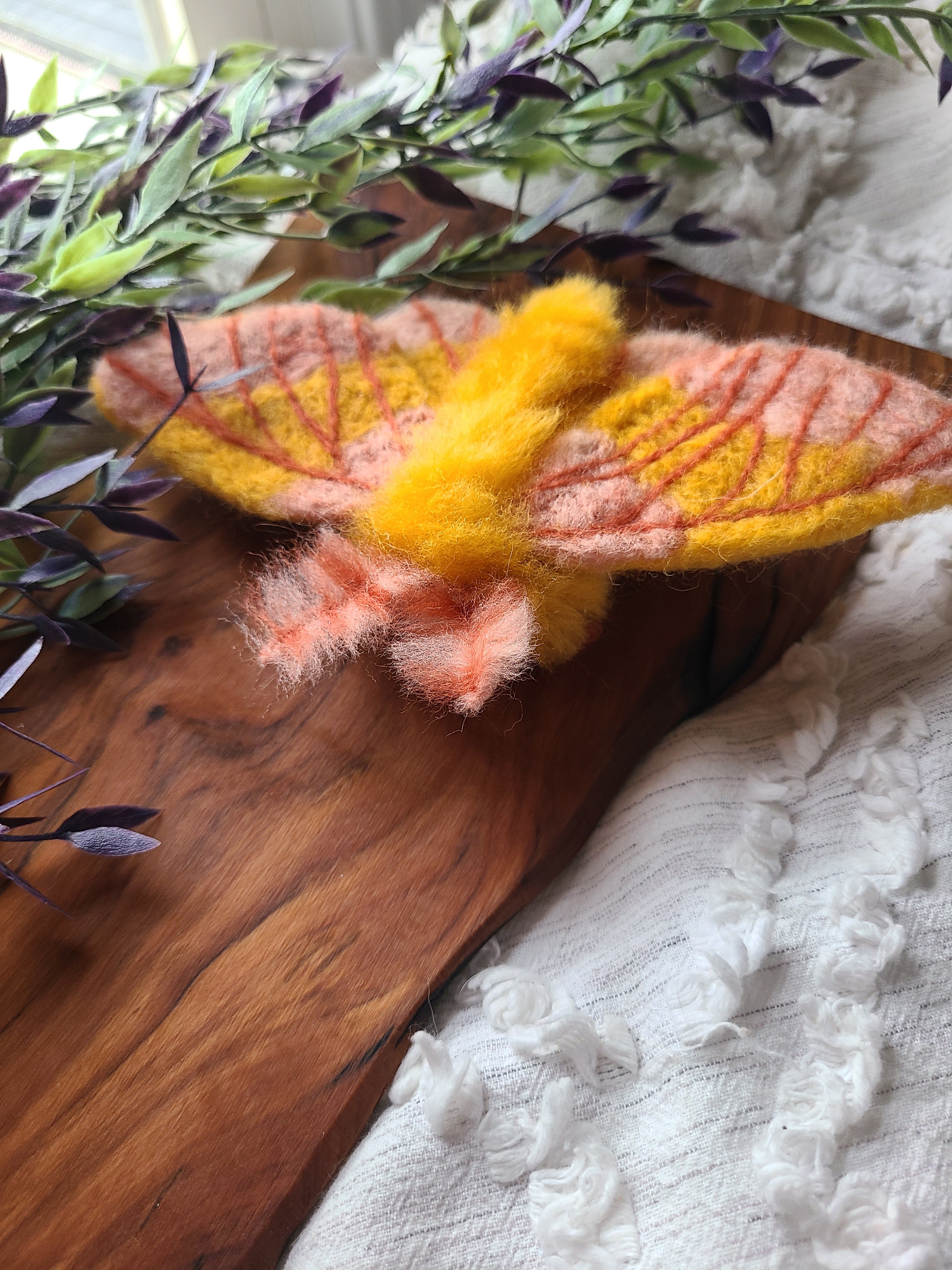 Rosy Maple Moth no. 2 - Wool Felted Moth Original Art - 6 inch hoop – Suter  Design & Co.